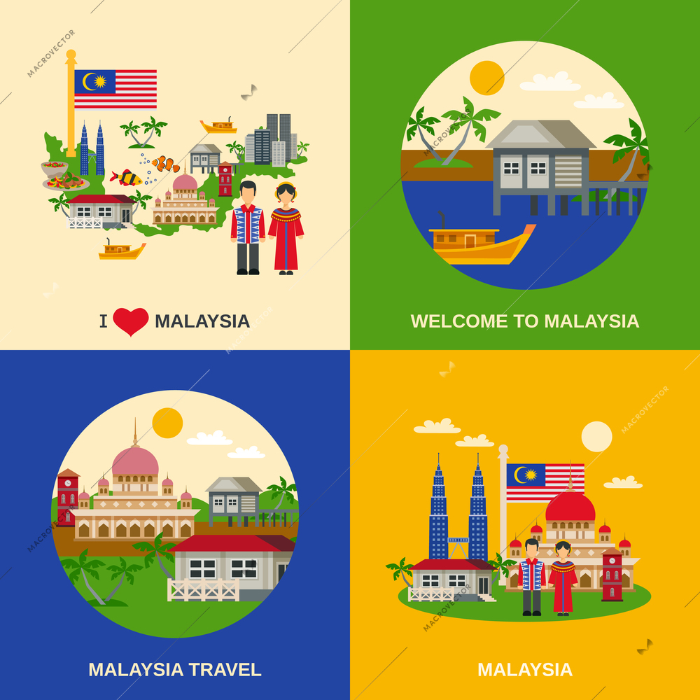 Malaysia for travelers 4 flat icons square composition with national food map customs and landmarks vector isolated illustration