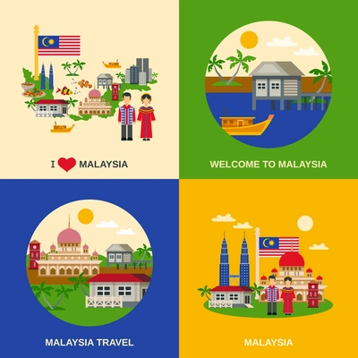 Malaysia for travelers 4 flat icons square composition with national food map customs and landmarks vector isolated illustration