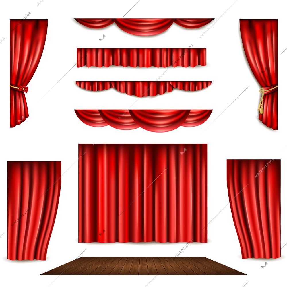 Red theatre curtain in different shape and wooden stage realistic isolated vector illustration