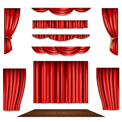 Red theatre curtain in different shape and wooden stage realistic isolated vector illustration