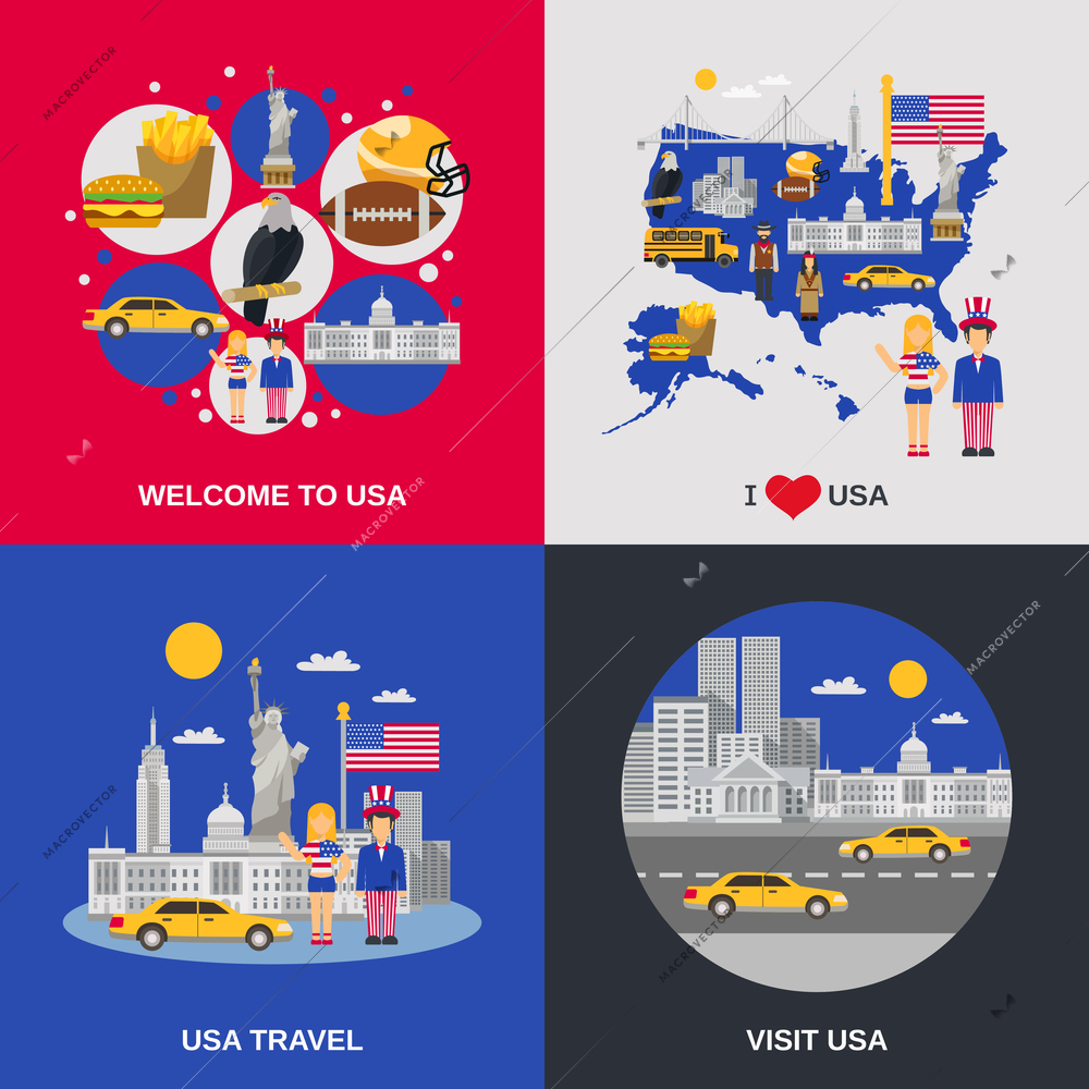 Welcome to usa cultural travel  4 flat icons square composition with popular american symbols abstract isolated vector illustration