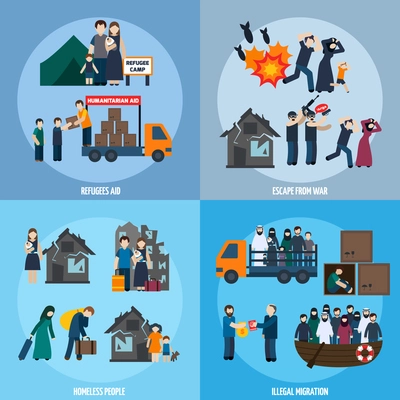 Stateless refugees design concept set with escape from war and illegal migration icons isolated vector illustration