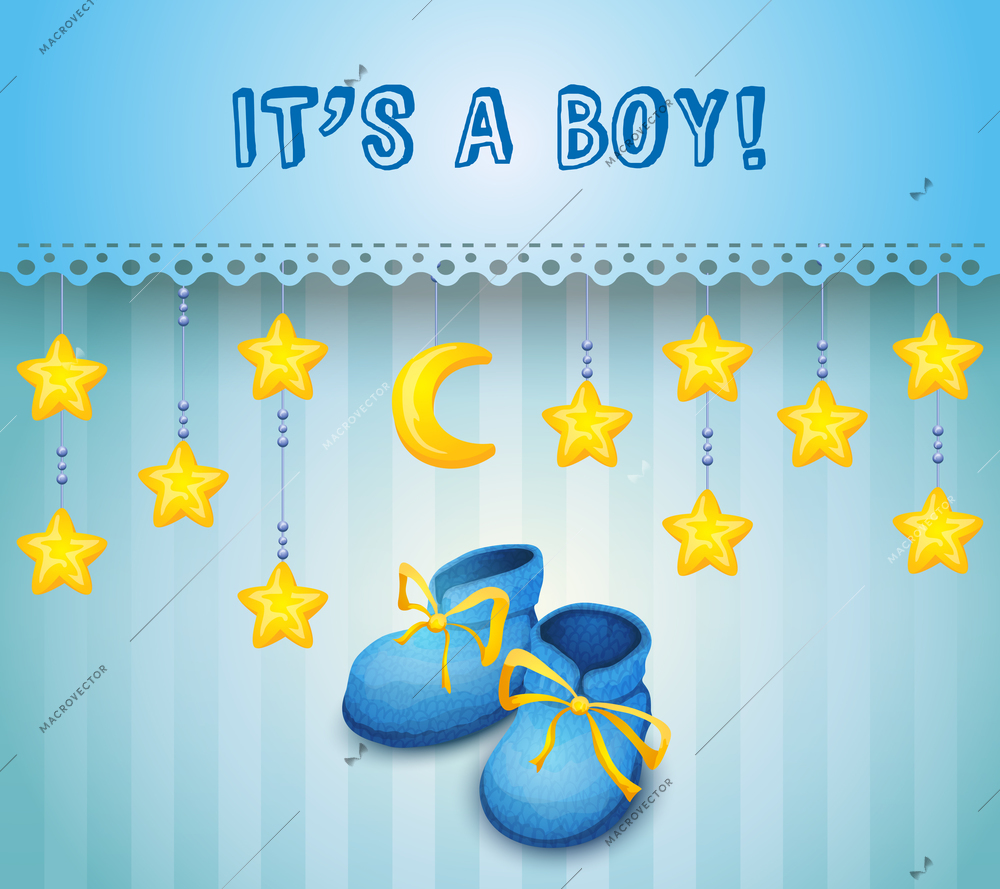 Boy baby shower invitation with kid shoes on blue background vector illustration