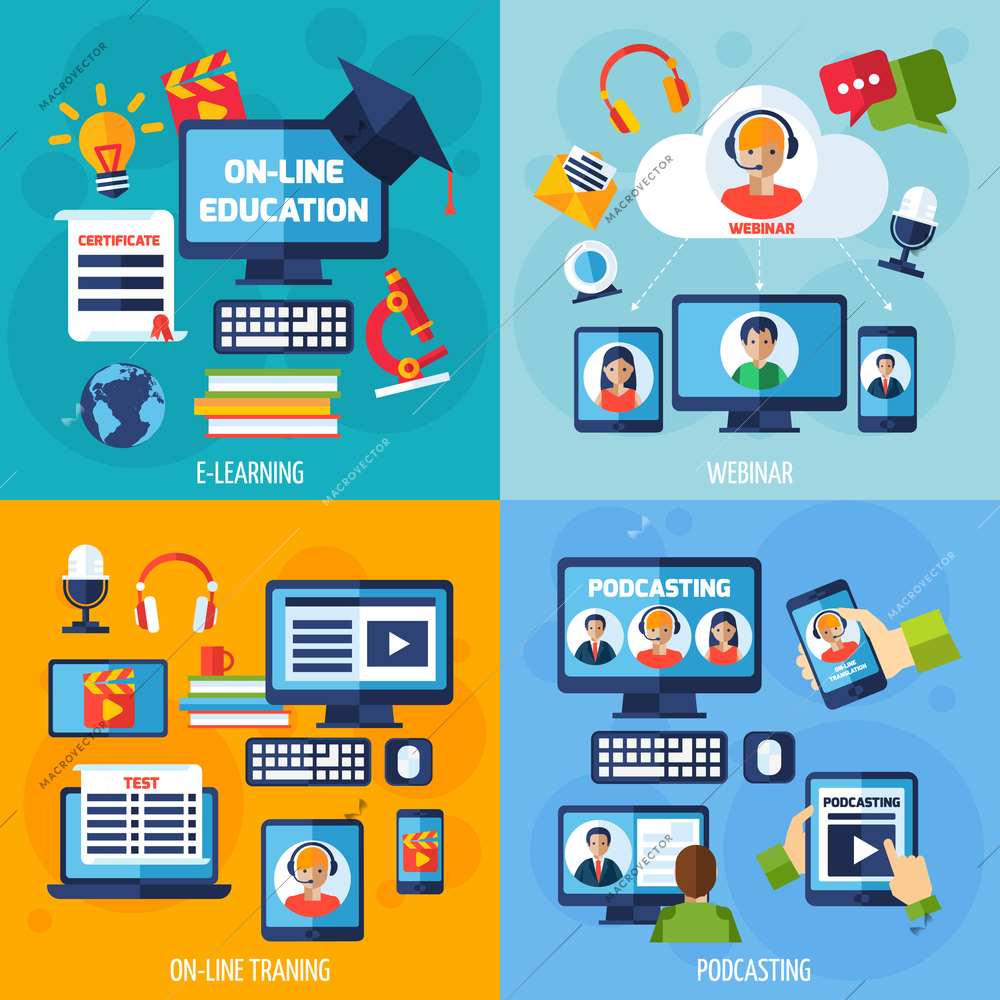 Podcasting and webinar design concept set with e-learning flat icons isolated vector illustration