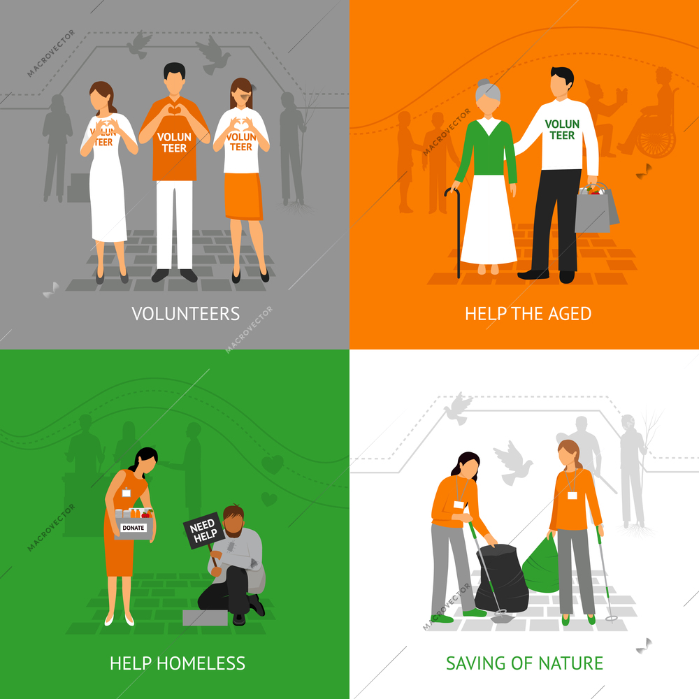 Volunteers design concept set with people helping homeless and seniours isolated vector illustration