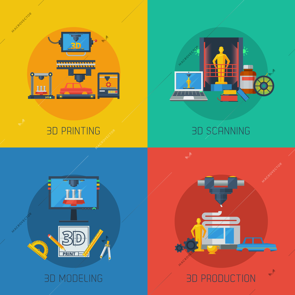 3d manufacturing process 4 flat icons square composition from scanning prototype to objects production abstract vector illustration