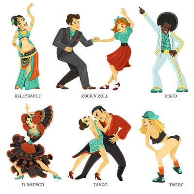 Popular dance pair and individual flat icons set with twerk tango rock and roll isolated vector illustration
