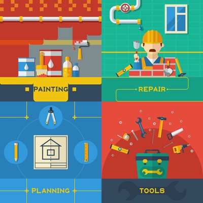 Home repair planning 4 flat icons composition with tools kit and plumber in helmet abstract vector illustration