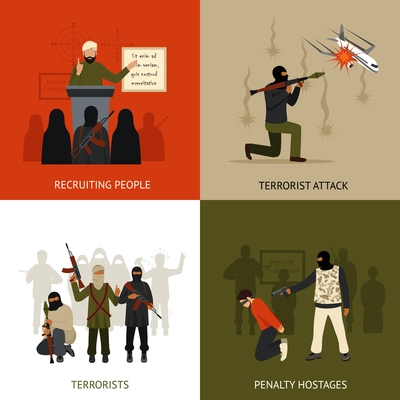 Terrorism design concept set with recruiting terrorists and hostages penalty flat icons isolated vector illustration