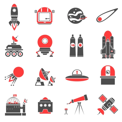 Space black and red icons set with comet spaceship satellite isolated vector illustration