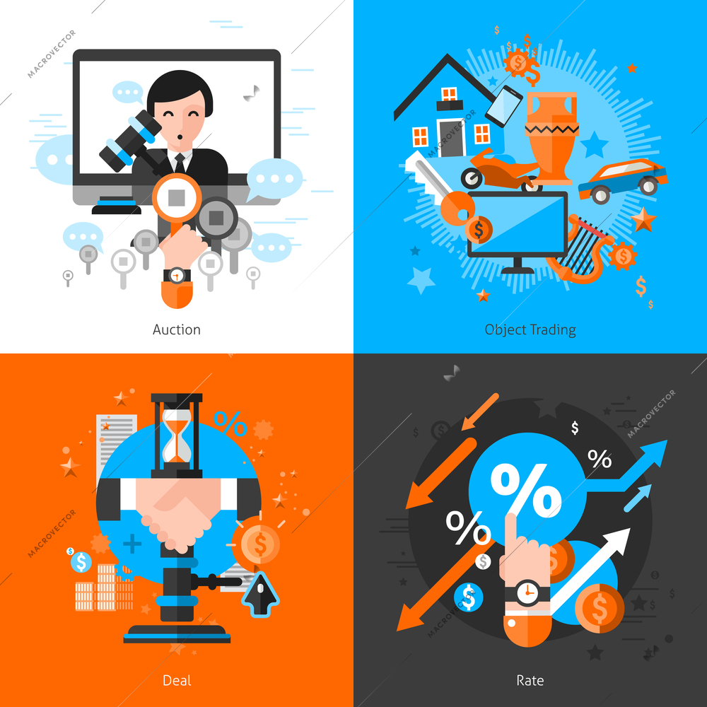 Flat color 2x2 auction concept set with trading objects deal bargaining icons and rate graphs vector illustration