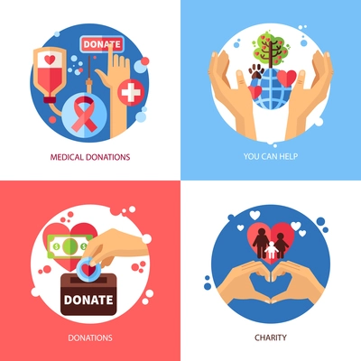 Charity design concept icons set with donations symbols flat isolated vector illustration