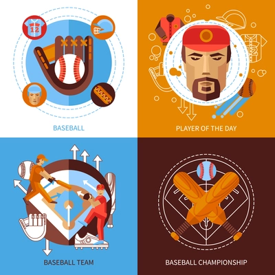 Baseball concept icons set with player of the day symbols flat isolated vector illustration