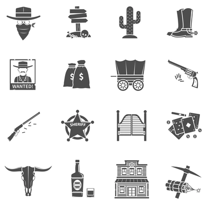 Cowboy black icons set with boots money bag playing cards isolated vector illustration