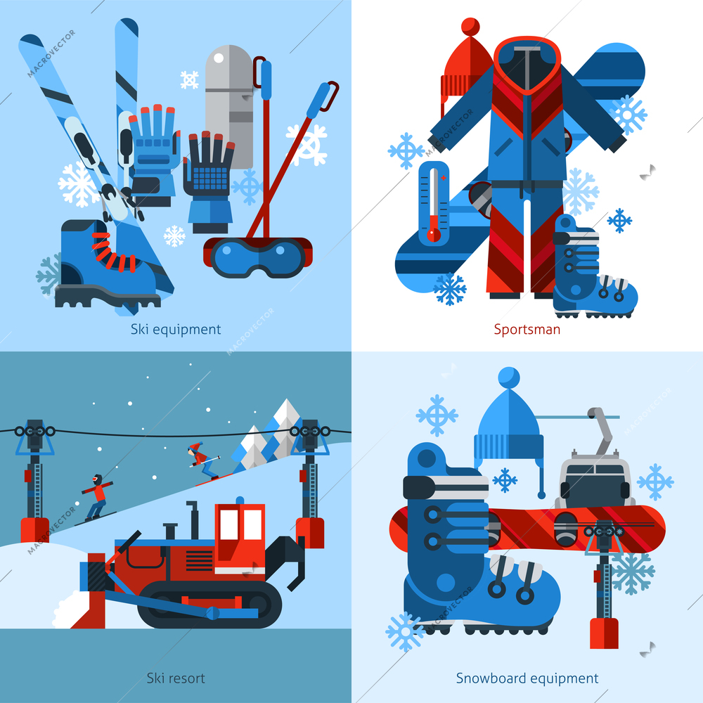 Skiing 2x2 flat design concept with sport accessories ski and snowboard equipment and ski resort compositions vector illustration