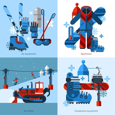 Skiing 2x2 flat design concept with sport accessories ski and snowboard equipment and ski resort compositions vector illustration