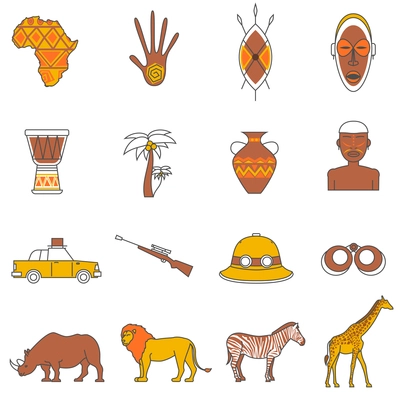 African safari animals flat outline icons set isolated vector illustration