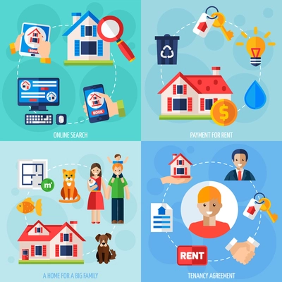 House rent design concept set with flat tenancy icons isolated vector illustration