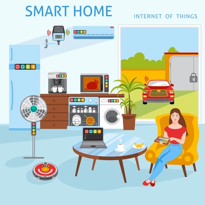 Internet of things iot smart home concept poster with household control tablet touch screen abstract vector illustration