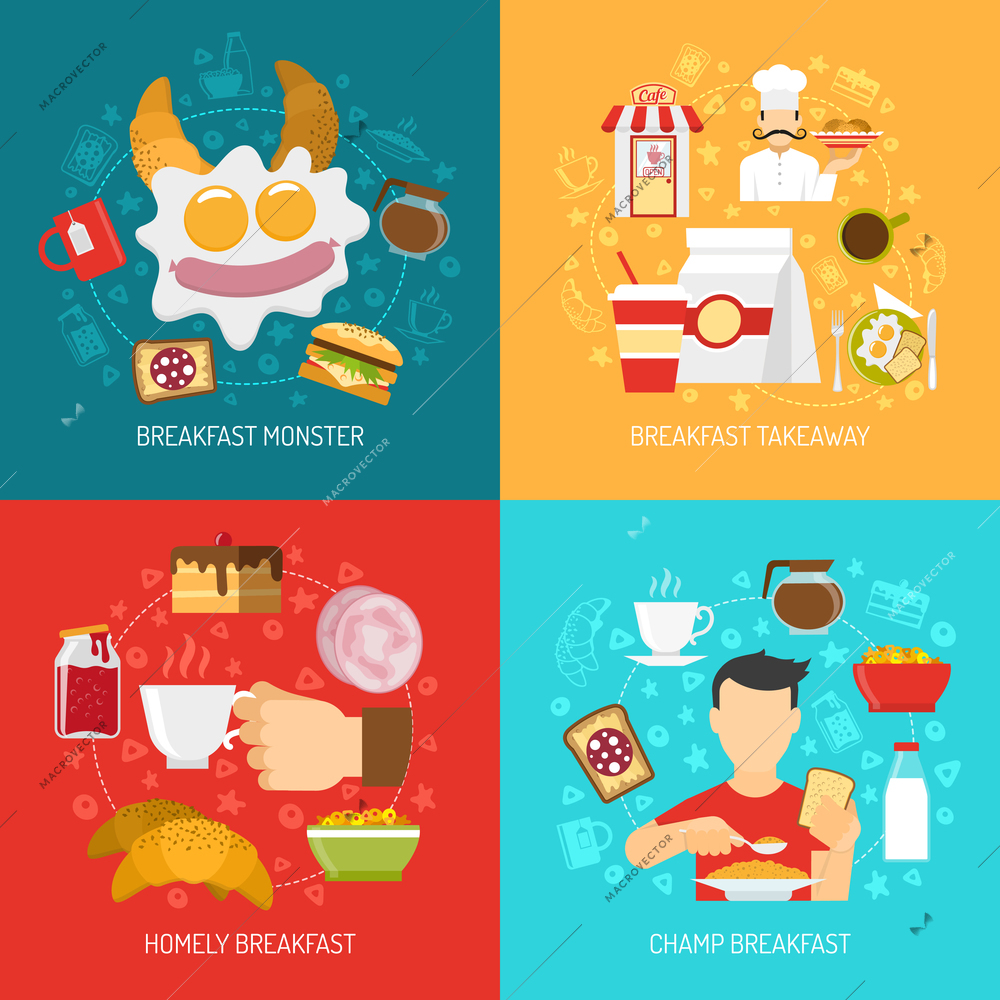Breakfast concept icons set with champ and takeaway breakfast symbols flat isolated vector illustration