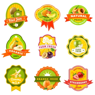 Natural organically grown fruits products emblems labels collection for healthy responsible diet abstract isolated vector illustration