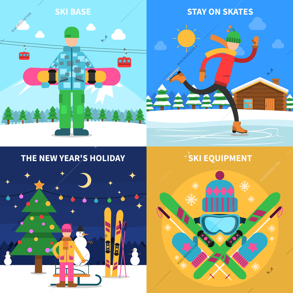 Winter sport design concept set with ski equipment flat icons isolated vector illustration
