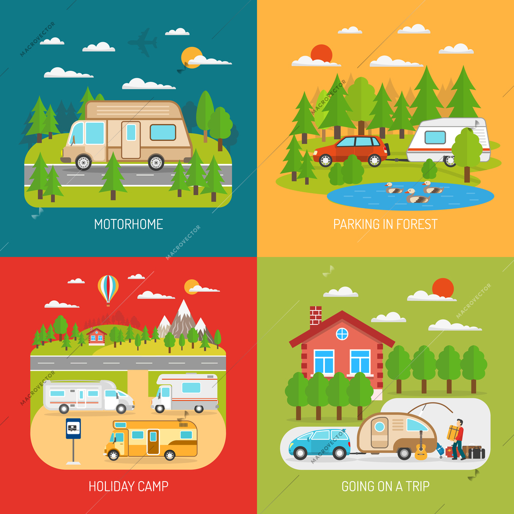 Motorhome concept icons set with going on a trip and parking in forest symbols flat isolated vector illustration