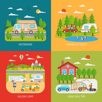 Motorhome concept icons set with going on a trip and parking in forest symbols flat isolated vector illustration