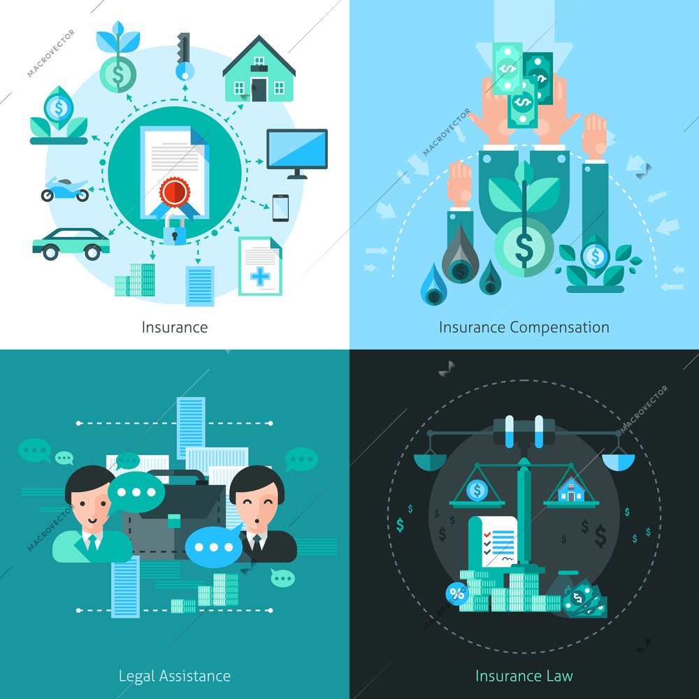 Business insurance concept icons set with legal assistance symbols flat isolated vector illustration