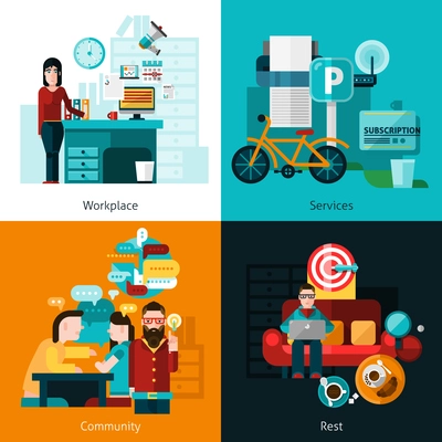 Coworking concept icons set with workplace and rest symbols flat isolated vector illustration