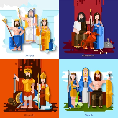 Olympic gods 2x2 concept set of mythological characters symbolize war wealth and underworld in  cartoon style flat vector illustration