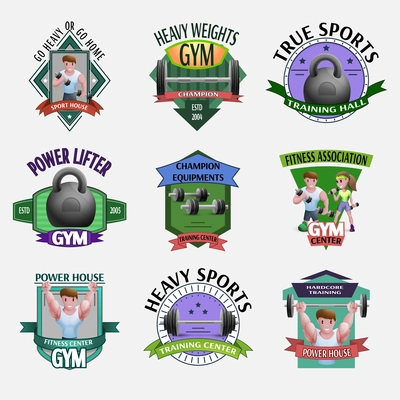 Emblems set presenting heavy weights fitness with power lifters sportsmen barbells and dumbbells cartoon isolated vector illustration