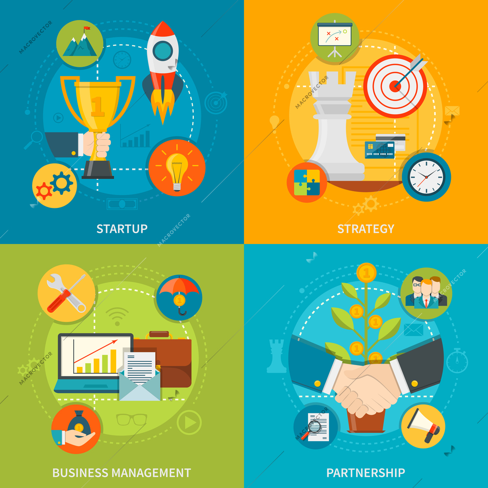 Entrepreneurship 2x2 design  concept set of startup business management partnership and strategy flat compositions vector illustration