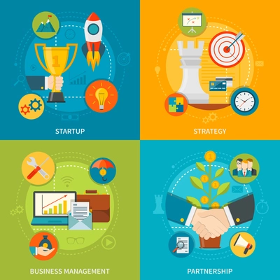 Entrepreneurship 2x2 design  concept set of startup business management partnership and strategy flat compositions vector illustration