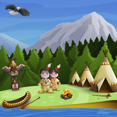 Native american concept with cartoon persons teepees and  mountains background vector illustration