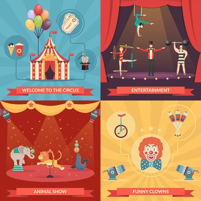 Circus show 2x2 design concept set of funny clowns entertainment and performance with trained animals strongman and acrobats flat vector illustration