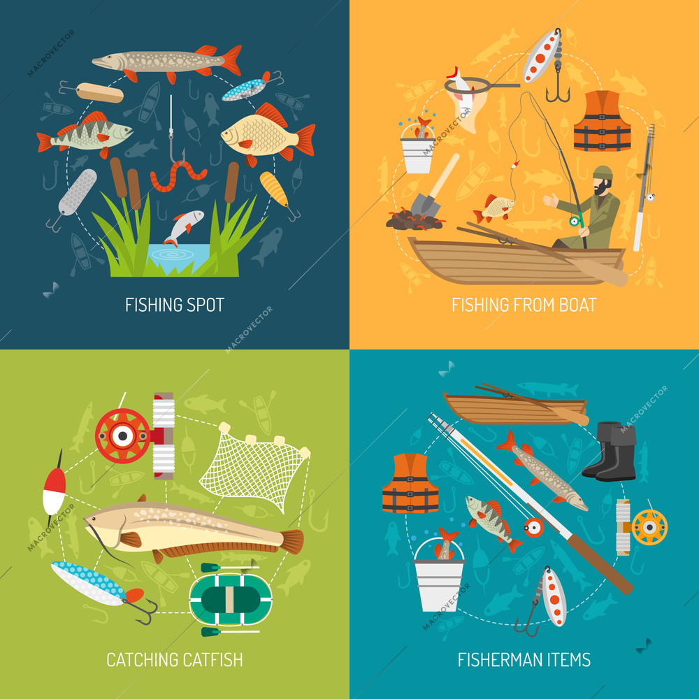 Fishing concept icons set with fishing from boat and catching catfish symbols flat isolated vector illustration