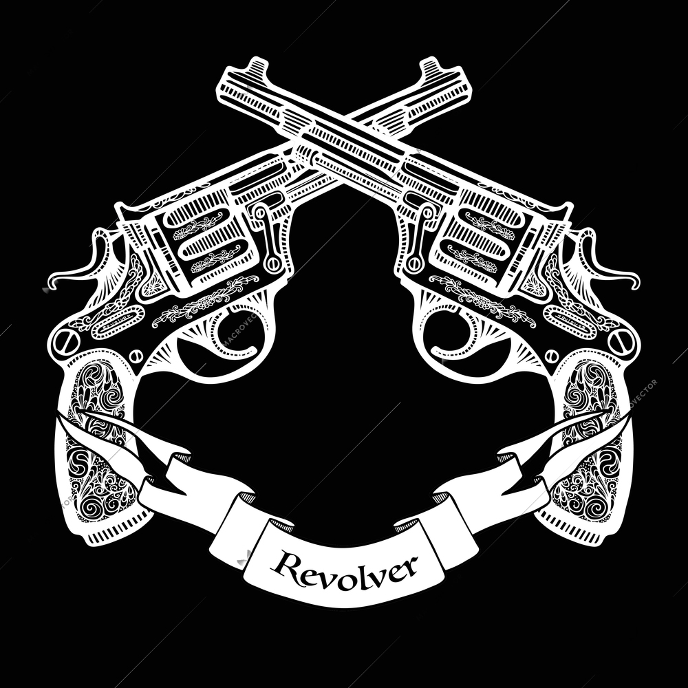 Hand drawn white  crossed pistols in vintage style with ribbon on black background   vector illustration