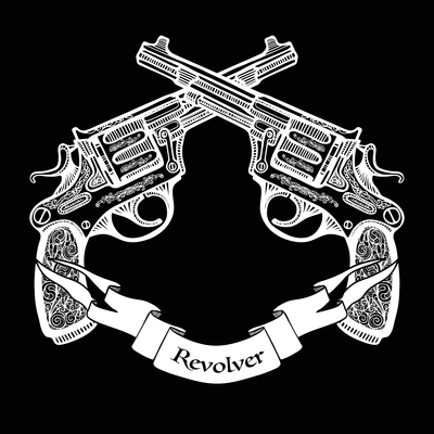 Hand drawn white  crossed pistols in vintage style with ribbon on black background   vector illustration