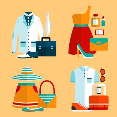 Male and female clothes accessories icons of dress shirt briefcase shoes skirt bag vector illustration