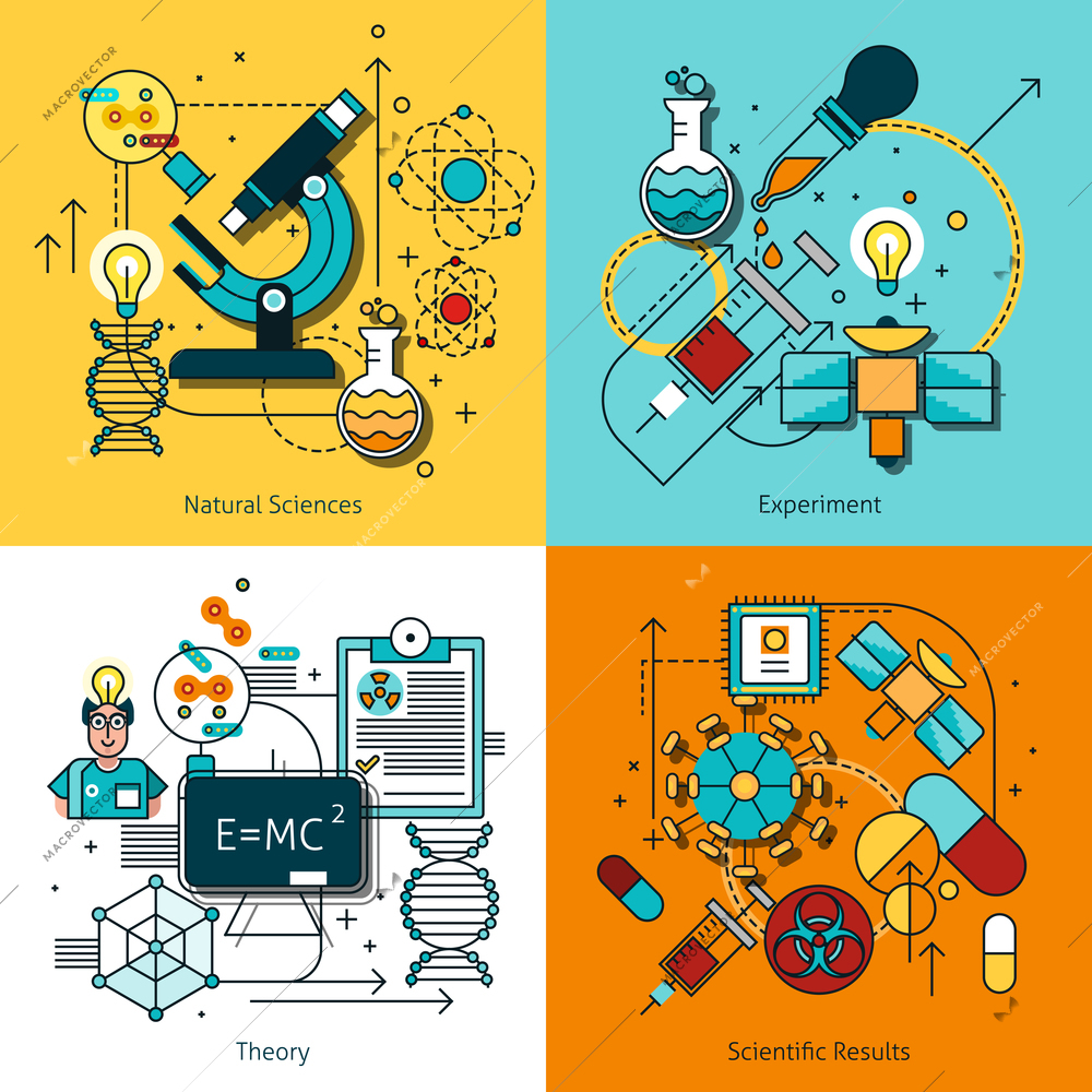 Science concept line icons set with theory and experiment symbols flat isolated vector illustration