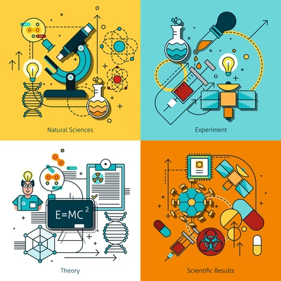 Science concept line icons set with theory and experiment symbols flat isolated vector illustration