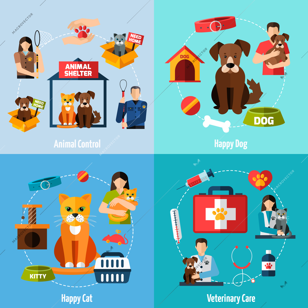 Animal shelter design concept set with veterinary care flat icons isolated vector illustration