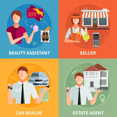 Salesman 2x2 design concept set with car diller estate agent seller and beauty assistant flat vector illustration