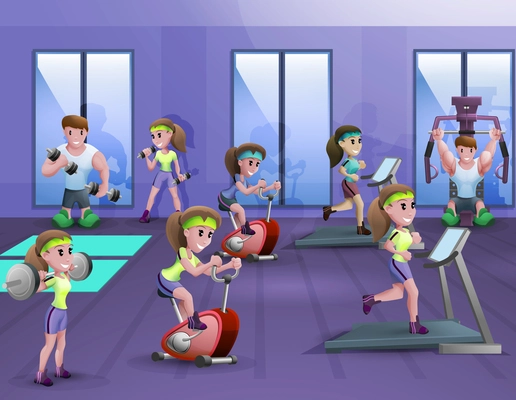 Poster of fitness hall where men and women training with different equipments cartoon vector illustration