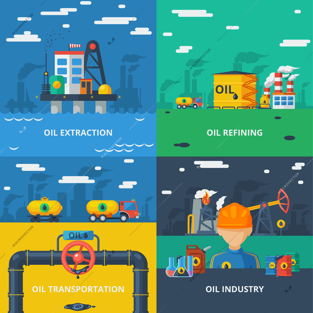 Oil industry design concept set with extraction refining and transportation isolated vector illustration
