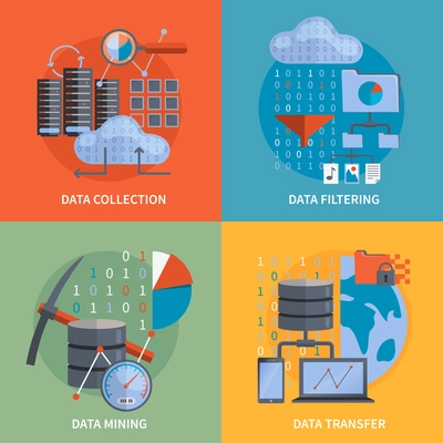 Data processing 2x2 flat design concept set of collection filtering mining  transfer data vector illustration