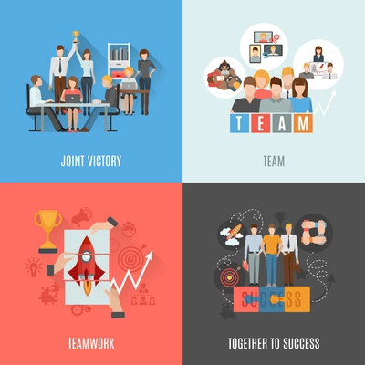 Business partnership and teamwork as formula for success 4 flat icons square composition abstract isolated vector illustration