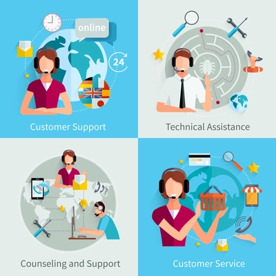 Customer support international service 4 flat icons square composition with counseling and technical assistance isolated vector illustration