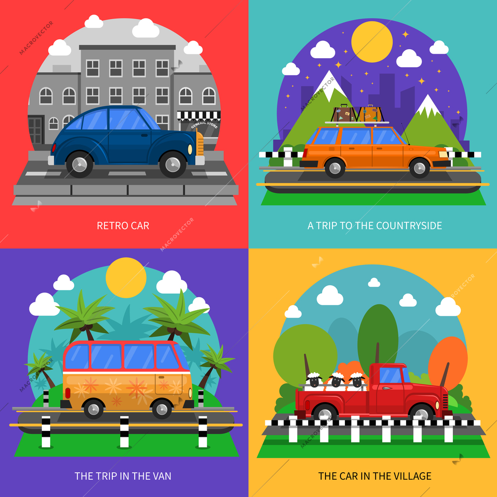 Cars concept icons set with retro and village cars and trips symbols flat isolated vector illustration